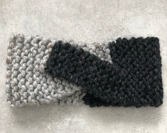 Twist Front  Headband - Two Tone - Hand Knit - One Size Fits Most