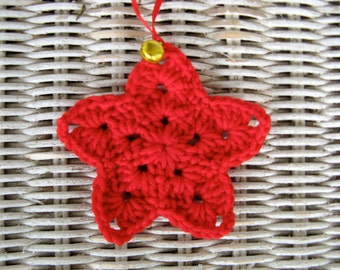 Crochet Star Ornament in Red Wool with Gold Bell - Hand Crochet