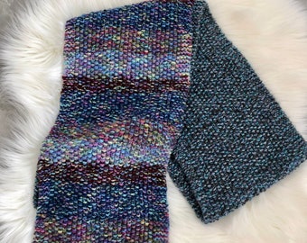 Seed Stitch Scarf in Variegated Colors- Blue, Gray, Wine, Yellow - Hand Knit - 74 Inches Long, Boho Look, Ombre Look