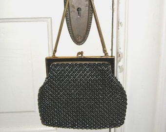 Vintage Whiting & Davis Handbag – Black Enamel Mesh Purse, Snake Chain Strap
