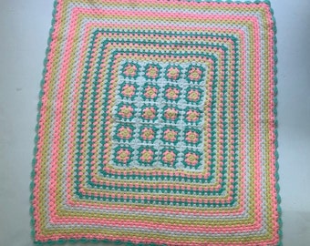 Granny Squares Baby Blanket - Hand Crochet - Vintage - Pink,Green,Yellow and White - 29 x 31 Inches, Photo Prop