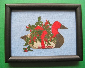 Finished Cross Stitch- Holiday Goose with "Welcome" Greeting on Blue Fabric - Framed - Fine Cross Stitch - Black Frame - Vintage Decor