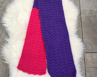 Hand Crocheted Shell Stitch Scarf in Bright Pink and Purple 56"x9" 2 Color Colorblock NEW