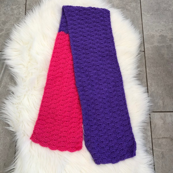 Hand Crocheted Shell Stitch Scarf in Bright Pink and Purple 56"x9" 2 Color Colorblock NEW