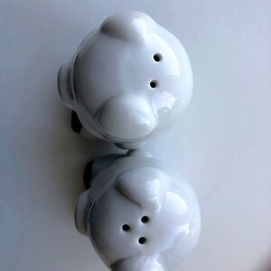 May include: Two white ceramic salt and pepper shakers shaped like pigs. The shakers have holes on top for dispensing salt and pepper.