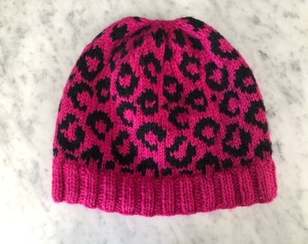 Hand Knit Beanie/Cap/Toque, Animal Print, Women's Small, 100% Wool,Bright Pink and Black, Winter Outdoor Wear, Nordic Knit, NEW