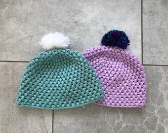 Crochet Hat with Pom Pom - Adult Medium - One Size Fits Most