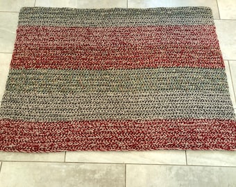 Crochet Blanket in Red, Gray and Beige with Flecks of Blue and Green 36x50 Inches