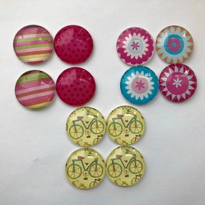 Clear Glass Fridge Magnets - Stripes and Dots - Flowers - Bicycle Glitter- Set of Four - 3 Patterns - You Choose