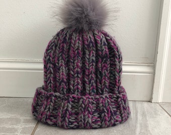 Hand Knit Hat with Faux Fur Pom, Ribbed Knit, Handmade, Adult Medium - One Size Fits Most, Winter, Outdoor Wear, Nordic Knit