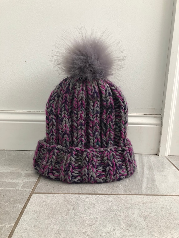 Hand Knit Hat With Faux Fur Pom, Ribbed Knit, Handmade  display picture 2