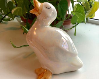 ENESCO Lusterware White Duck w/ Orange Feet,1987 Vintage, Spring Decor, Easter, Tabletop, Centerpiece, Made in Taiwan, Approx 5"L x 6" H