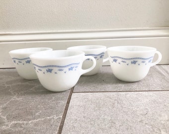 Pyrex Morning Blue Pattern Coffee Cups/ Mugs - Set of 4 - Vintage Milk Glass - 8 oz Size - Vintage Dining - Morning Coffee Cup Hot Chocolate