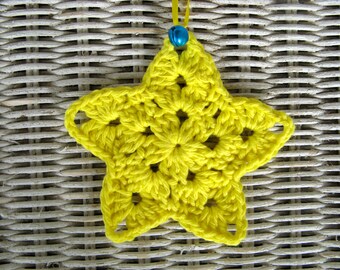 Crochet Star Ornament  in Yellow with Turquoise Bell - Cotton - Hand Crochet - 5 Inches Across