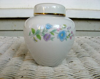 Ceramic Ginger Jar Vase made in Japan-Vintage -  Floral Design with Gold Edge on Lid- 4 1/2 Inches High, 12 Inches Around
