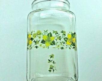 Vintage Catchall Glass Jar/ Vase with Yellow & Green Floral Decal, 6" x 3.25"