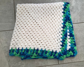 Granny Stitch  Baby Blanket/ Lapghan, Hand Crochet White with Blue/Green Edging 33" x 33" , Baby Gift, Stroller/Car Seat/Photo Prop Blanket