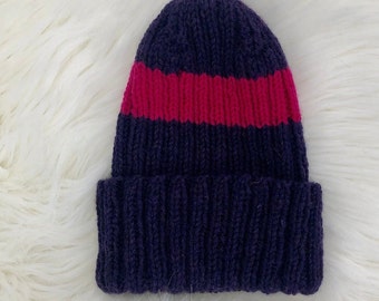 Hand Knit Ribbed Hat in Purple with Pink Stripe, Handmade, Women's Medium , Winter, Outdoor Wear, Nordic Knit, Unisex Toque