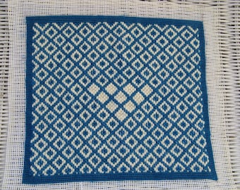 1980 Teal Blue and Off White  Bargello Needlepoint Finished Piece - Hand Made - Vintage