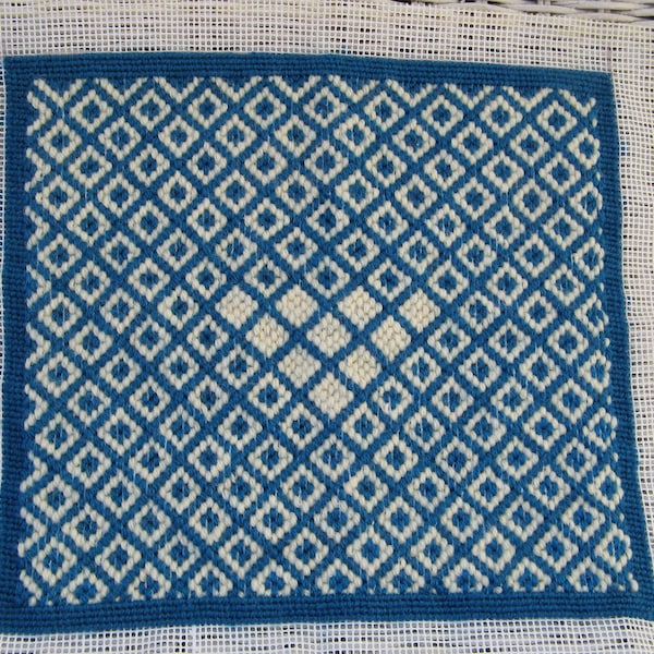 1980 Teal Blue and Off White  Bargello Needlepoint Finished Piece - Hand Made - Vintage