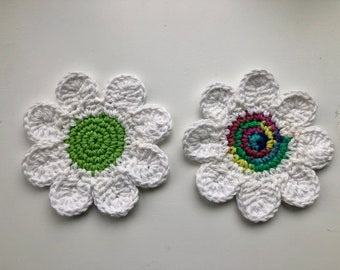 Crochet Daisy Coasters, Mug Rugs, Handmade, Set of 2, White with Green and Multicolored Centers,NEW