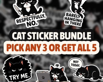 Grumpy Cat Stickers | Pick Any 3 or 5 Bundle | Waterproof Vinyl Laptop Sticker Pack | Funny Black Cat Decals
