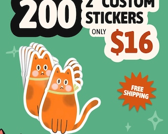 200 Custom Die Cut Vinyl Stickers, 2-inch Size: Matte or Gloss Finish, Waterproof