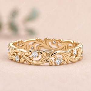 Barok gouden trouwring, vintage eeuwigheidsring met krulmotief, opvallend jubileumcadeau