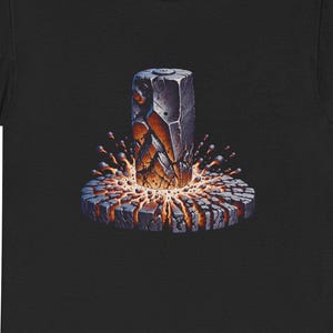 Può includere: Una t-shirt nera con una stampa grafica raffigurante un pilastro di pietra rettangolare incastonato in una base circolare di pietra. Il punto di impatto mostra crepe arancioni incandescenti e scintille che irradiano calore.