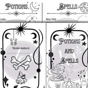 Puede incluir: Diario ilustrado en blanco y negro con las palabras "Potions" y "Spells" en la parte superior. El diario presenta un tema de brujas con lunas, estrellas, una araña, huesos, un caldero y una calabaza. También es visible el texto "Este libro pertenece a".