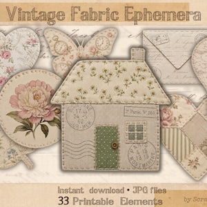 Könnte beinhalten: Eine Sammlung von Vintage-Stoff-Ephemera-Elementen, darunter ein Haus, ein Schmetterling, ein Umschlag und Herzformen. Die Designs weisen florale Muster und Briefmarkendetails auf. Der Text "Vintage Fabric Ephemera" steht oben.