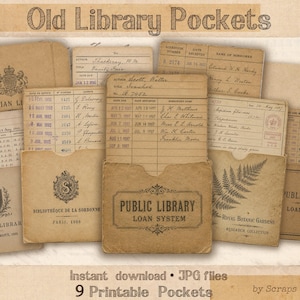 Puede incluir: Una colección de nueve bolsillos imprimibles de estilo vintage con texturas de papel envejecido. Los bolsillos presentan diseños temáticos de biblioteca, incluyendo entradas de catálogo de tarjetas, sellos de biblioteca e ilustraciones botánicas. El texto "Old Library Pockets" está en la parte superior.