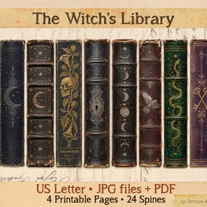 May include: A digital collection titled The Witch's Library featuring ten vertical book spines with gold foil illustrations including skulls, moons, snakes, and stars. The text reads The Witch's Library, Stramonium Tab IX, Witchcraft Vol I, US Letter, JPG files, PDF, 4 Printable Pages, 24 Spines.