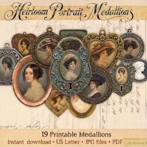 May include: A collection of 19 printable Heirloom Portrait Medallions featuring vintage-style oval, heart, and ornate frames containing portraits of women in period clothing. The digital sheet includes various metallic-toned borders and keyhole designs.
