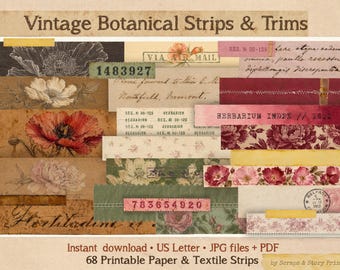 Könnte beinhalten: Eine Sammlung von botanischen Vintage-Streifen und Borten mit Blumenillustrationen, kursiver Handschrift, Poststempeln und Zahlenfolgen. Die digitale Collage enthält verschiedene Papiertexturen, Herbarium-Etiketten sowie rote, grüne und cremefarbene Töne.