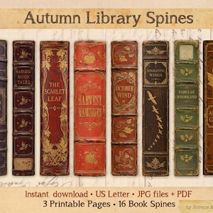 Op de afbeelding: Een digitale collectie getiteld Autumn Library Spines met acht verticale boekruggen in tinten paars, rood, bruin en groen met bladgoud details, tekst en botanische motieven, gepresenteerd op een achtergrond van vintage papier.