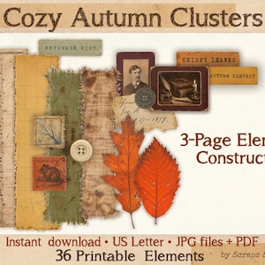 May include: A digital collage kit titled Cozy Autumn Clusters featuring 36 printable elements including torn paper strips, vintage postage stamps, a button, two orange leaves, and antique photographs with text labels like Crispy Leaves.
