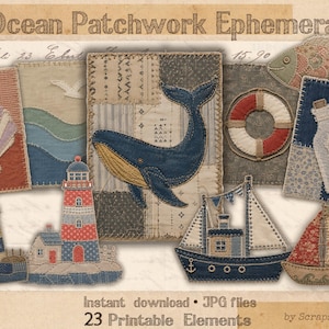 Nautiskt tyg, skräpjournal, havskit, vintage lapptäcke med fyrval, denim shabby chic clipart, scrapbook fussy cuts JPG