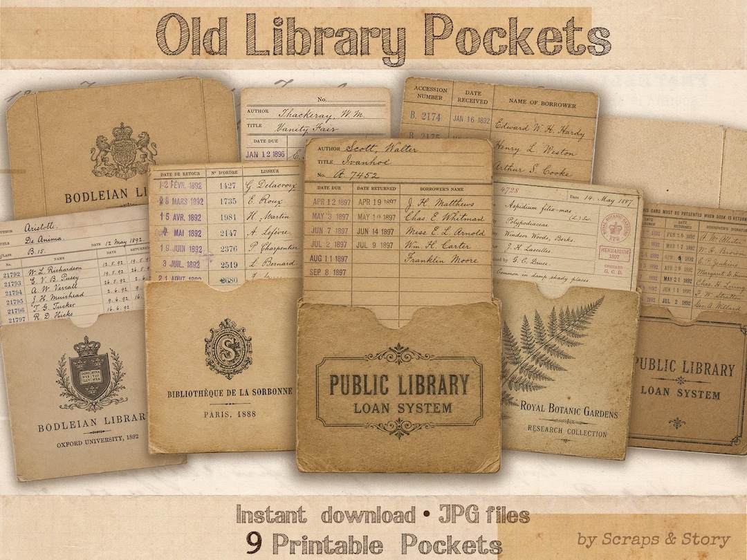 Vintage Library Pockets, Printable Junk Journal Ephemera, Manila Card ...