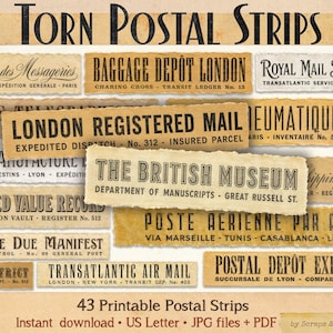 Puede incluir: Una colección de 43 tiras de papel imprimibles con textos y gráficos postales de estilo vintage en tinta negra sobre fondos de color beige envejecido con bordes rasgados. El texto incluye frases como Torn Postal Strips y The British Museum.