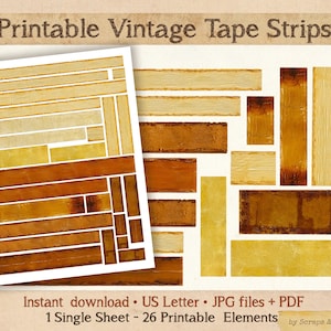 Könnte beinhalten: Ein digitales Blatt mit druckbaren Vintage-Klebebandstreifen, das 26 rechteckige Elemente in verschiedenen Braun-, Beige- und Gelbtönen enthält. Der Text Printable Vintage Tape Strips, Instant download, US Letter, JPG files + PDF, 1 Single Sheet - 26 Printable Elements und by Scraps & Story Prints ist sichtbar.