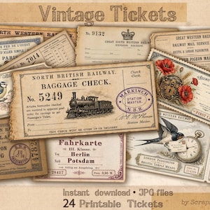 Può includere: Una collezione di biglietti vintage, tra cui biglietti ferroviari e controlli bagagli, con illustrazioni di uccelli, fiori e un treno. I biglietti presentano testo in inglese e francese, con un aspetto invecchiato.