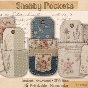 Könnte beinhalten: Eine Sammlung von druckbaren Shabby-Chic-Taschen und -Anhängern. Die Taschen zeigen florale und gemusterte Designs in sanften Farben wie Rosa, Blau und Beige. Der Text "Shabby Pockets" steht oben, mit "Instant download" und "16 Printable Elements" unten.