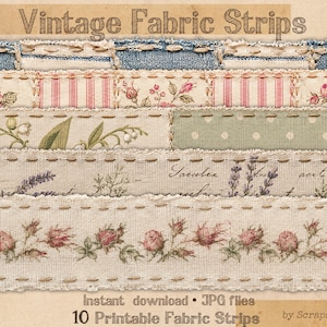 Könnte beinhalten: Eine Sammlung von zehn bedruckbaren Vintage-Stoffstreifen mit verschiedenen Mustern. Designs umfassen florale, gestreifte und gepunktete Muster in sanften Farben. Das Bild enthält den Text "Vintage Fabric Strips" und "Instant download".