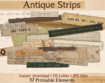 Puede incluir: Una colección de tiras de papel rectangulares etiquetadas como Antique Strips, con texturas envejecidas, escritura a mano, números impresos y patrones botánicos en tonos beige, marrón y verde oscuro, con texto visible como INV-7409-B y ARCH. N-612.