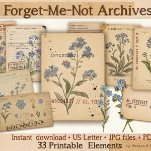 Forget-Me-Not Botanical Junk Journal Kit: Blue Vintage Ephemera (Digital Download)