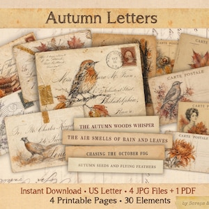 May include: A collection of vintage-style stationery featuring autumn-themed illustrations of birds, leaves, and flowers on aged paper. The set includes envelopes and postcards with cursive script, postmarks, and text such as Autumn Letters.