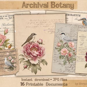 Könnte beinhalten: Eine Sammlung von 16 druckbaren Dokumenten mit Vintage-Botanika-Illustrationen. Die Designs umfassen Blumenarrangements mit Vögeln, handschriftliche Schrift und gealterte Papiertöne. Der Text "Archival Botany" befindet sich oben.