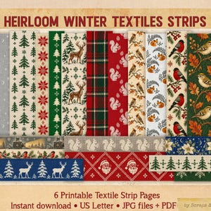 May include: A collection of digital textile strips titled HEIRLOOM WINTER TEXTILES STRIPS, featuring patterns of red and green Christmas trees, deer, plaid, squirrels, birds, poinsettias, and Santa Claus on various backgrounds.