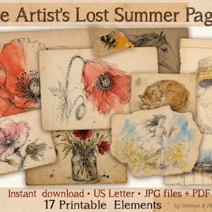 May include: A collection of vintage-style paper ephemera titled The Artist's Lost Summer Pages, featuring seventeen printable elements including watercolour and ink illustrations of poppies, a bumblebee, a horse, a cat, and a person in a hat.